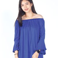 เสื้อเบลาส์ Single-Hued Off-Shoulder Flared-Sleeve (น้ำเงินเข้ม)