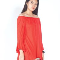 เสื้อเบลาส์ Single-Hued Off-Shoulder Flared-Sleeve (แดง)