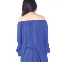 เสื้อเบลาส์ Single-Hued Off-Shoulder Flared-Sleeve (น้ำเงินเข้ม)