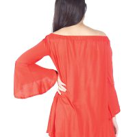 เสื้อเบลาส์ Single-Hued Off-Shoulder Flared-Sleeve (แดง)