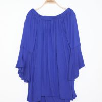 เสื้อเบลาส์ Single-Hued Off-Shoulder Flared-Sleeve (น้ำเงินเข้ม)