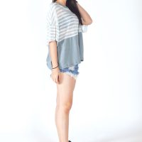 เสื้อยืด Tee mix striped shirt (บนลายเทาอ่อนล่างเทาอ่อน)