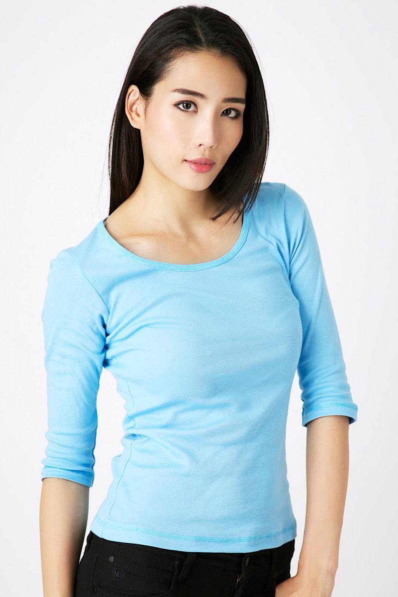 เสื้อยืดผ้าริบ คอยูแขนครึ่งสีฟ้า (2)