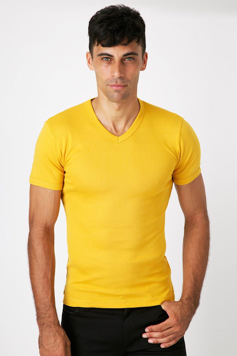เสื้อยืดผ้าริบ คอวีแขนสั้นสีเหลือง (4)
