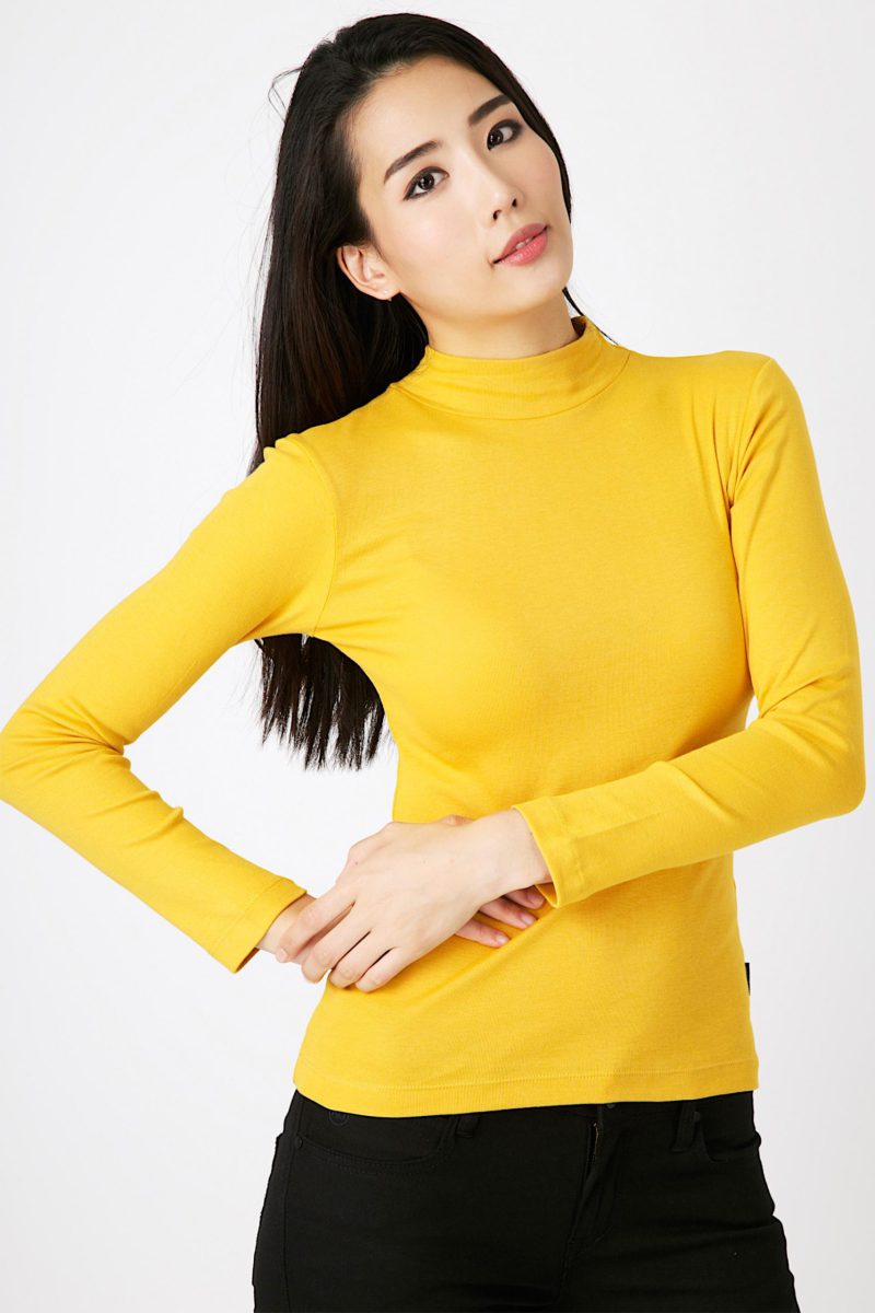 เสื้อยืดผ้าริบ คอเต่าแขนยาวสีเหลือง (3)